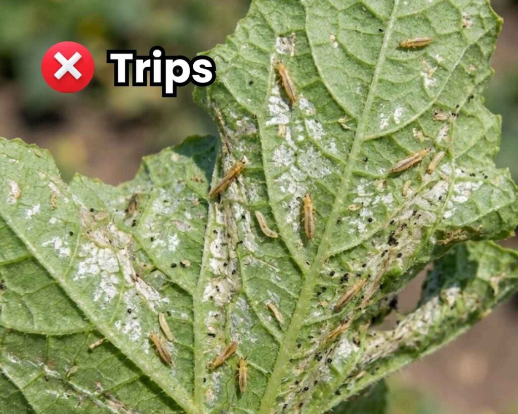 Portada de la guía de control de Trips en plantas mostrándose una trampa cromática amarilla con captura masiva de adultos de Frankliniella occidentalis en invernadero.