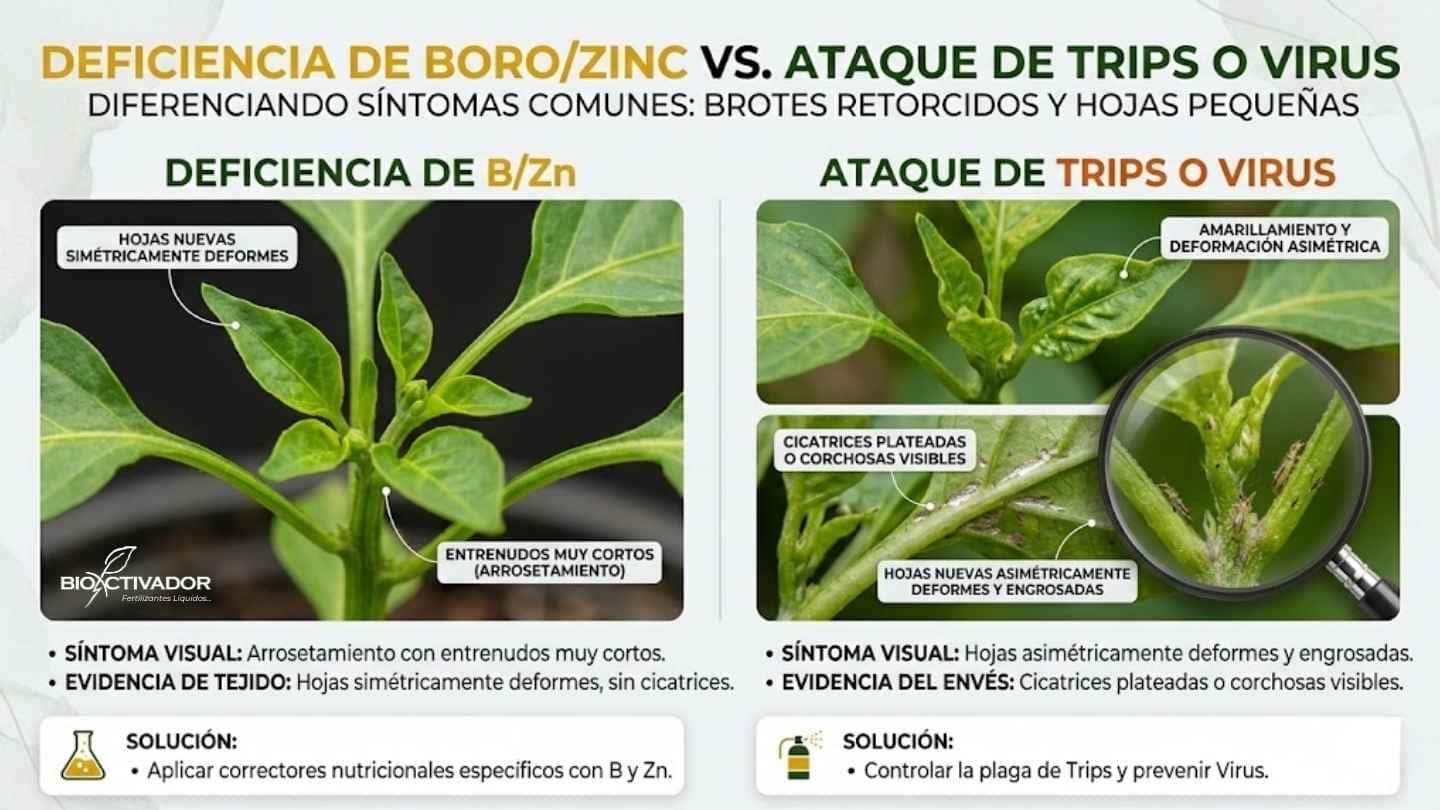 Hojas nuevas arrugadas y deformes comparando el arrosetamiento por deficiencia de zinc y boro, frente al daño asimétrico con cicatrices plateadas o corchosas causado por trips y virus agrícolas.