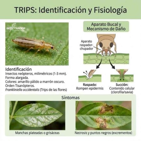 Infografía técnica de identificación de Trips (Frankliniella occidentalis) y fisiología del daño. Muestra el insecto adulto, su aparato bucal raspador-chupador y los síntomas clínicos: manchas plateadas y puntos negros en hojas.