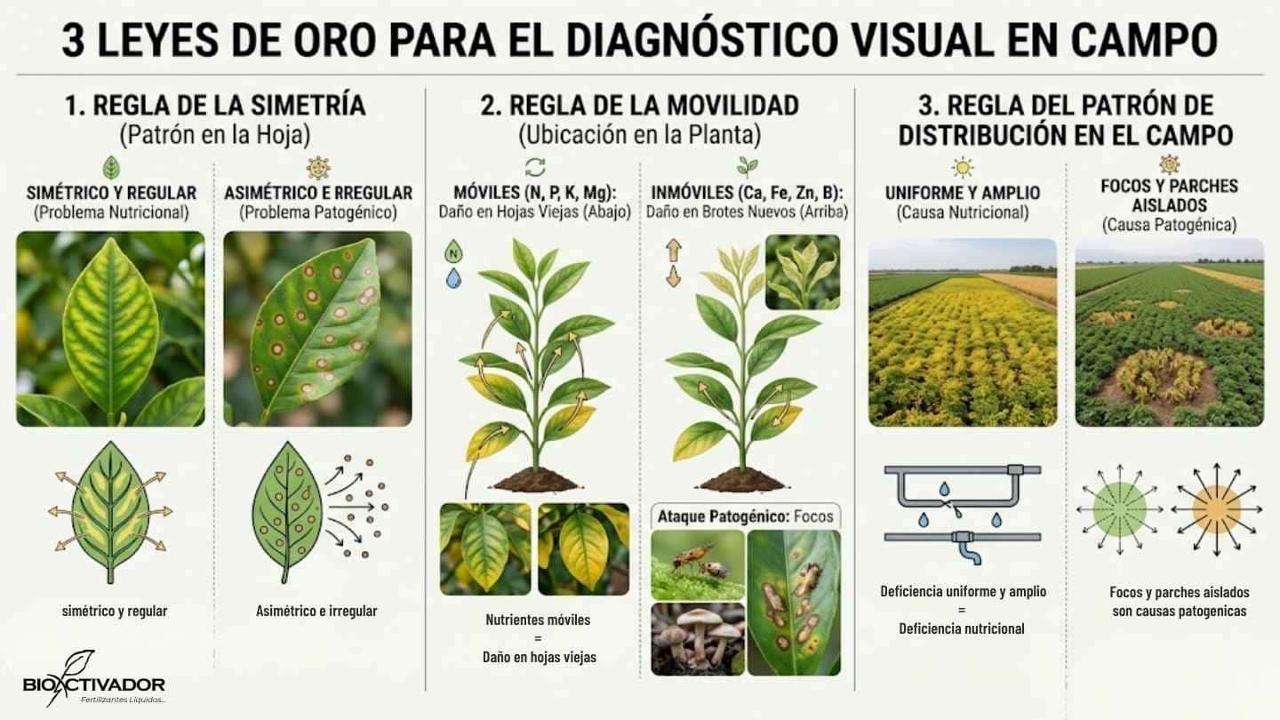 Infografía con las 3 leyes de diagnóstico visual en campo: regla de simetría en hojas, movilidad de nutrientes en la planta y patrón de distribución de daños para identificar si es plaga o deficiencia.
