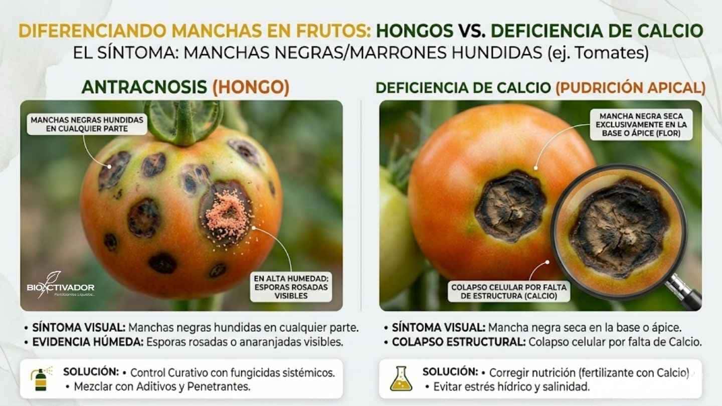 Frutos de tomate con manchas negras comparando la infección por hongo Antracnosis en cualquier zona del fruto con esporas, frente a la pudrición apical por deficiencia de calcio exclusiva en la base.
