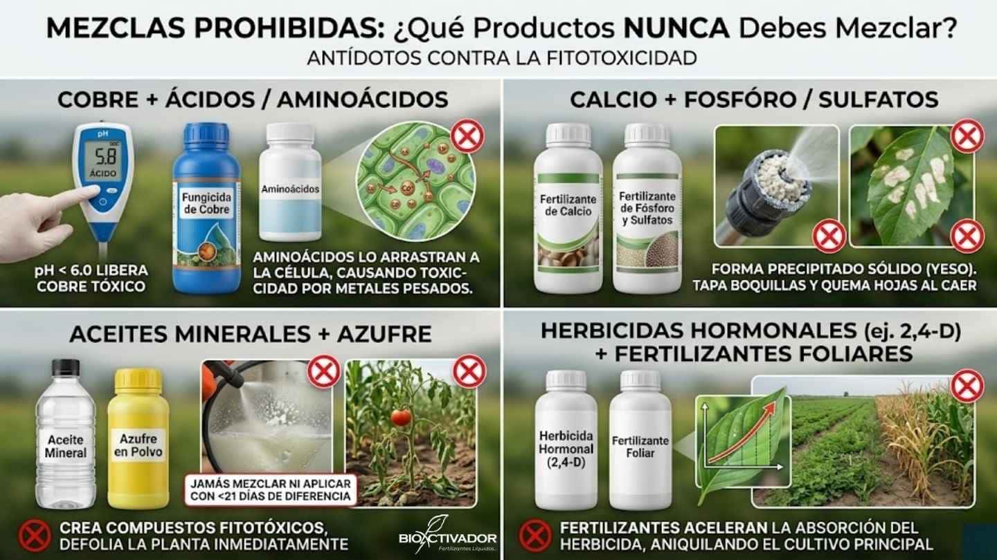 Tabla de incompatibilidad de agroquímicos: prohíbe mezclar Cobre + Aminoácidos, Calcio + Fósforo (forma yeso), Aceites + Azufre, y Herbicidas hormonales + foliares.
