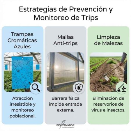 Infografía de estrategias de prevención contra trips: Uso de Trampas cromáticas azules para monitoreo, instalación de mallas anti-trips como barrera física y deshierbe de malezas para eliminar reservorios de virus.