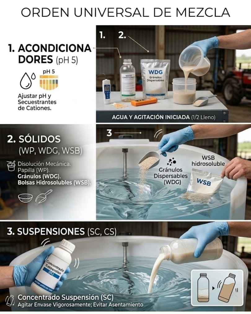 Protocolo de orden de mezcla de agroquímicos Pasos 1 al 3: 1. Acondicionadores de agua (pH 5), 2. Sólidos (WP, WDG, WSB) y 3. Suspensiones concentradas (SC, CS).