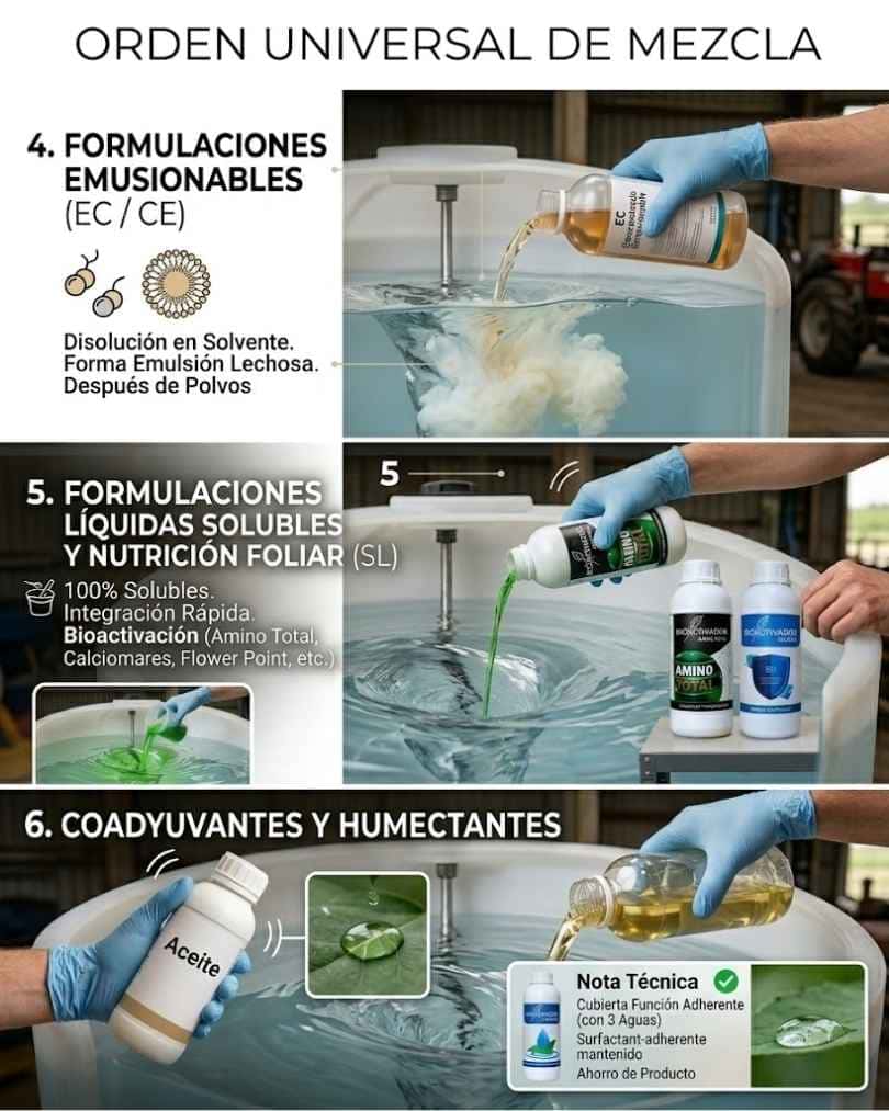 Protocolo de orden de mezcla Pasos 4 al 6: 4. Emulsionables (EC), 5. Nutrición foliar líquida (SL) y 6. Coadyuvantes y aceites finales para cobertura.