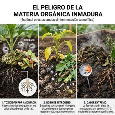 El Peligro del Estiércol Crudo y Materia Inmadura Peligros de aplicar materia orgánica inmadura o estiércol crudo: toxicidad por gases amoniacales, robo de nitrógeno por bacterias y calor extremo (>60°C) que quema las raíces.