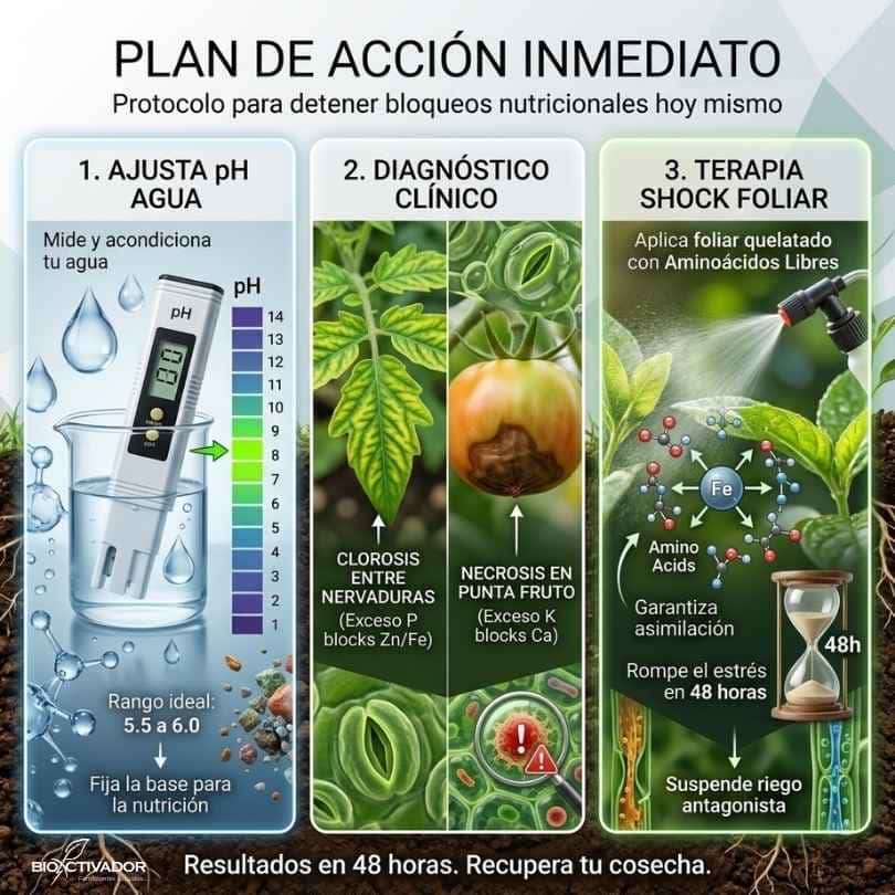 Infografía del plan de acción inmediato contra el bloqueo nutricional: 1. Ajuste de pH del agua, 2. Diagnóstico clínico de campo y 3. Terapia de shock foliar con aminoácidos libres.