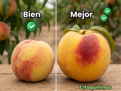 Comparativa visual del aumento de calibre en duraznos. A la izquierda un fruto de tamaño normal, a la derecha un fruto de mayor tamaño, peso y color logrado con la aplicación de citoquininas agrícolas.