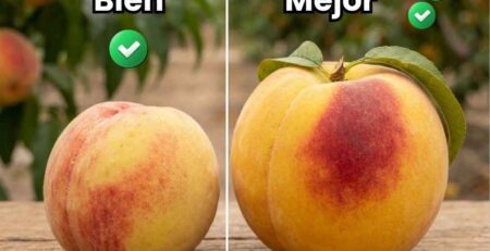 Comparativa visual del aumento de calibre en duraznos. A la izquierda un fruto de tamaño normal, a la derecha un fruto de mayor tamaño, peso y color logrado con la aplicación de citoquininas agrícolas.