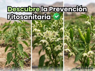 Portada de la guía sobre el calendario fitosanitario de prevención. Imagen dividida en tres etapas fenológicas de un cultivo de ají: desarrollo vegetativo, floración y cuajado de frutos. Incluye el texto Descubre la Prevención Fitosanitaria.