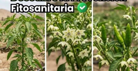 Portada de la guía sobre el calendario fitosanitario de prevención. Imagen dividida en tres etapas fenológicas de un cultivo de ají: desarrollo vegetativo, floración y cuajado de frutos. Incluye el texto Descubre la Prevención Fitosanitaria.