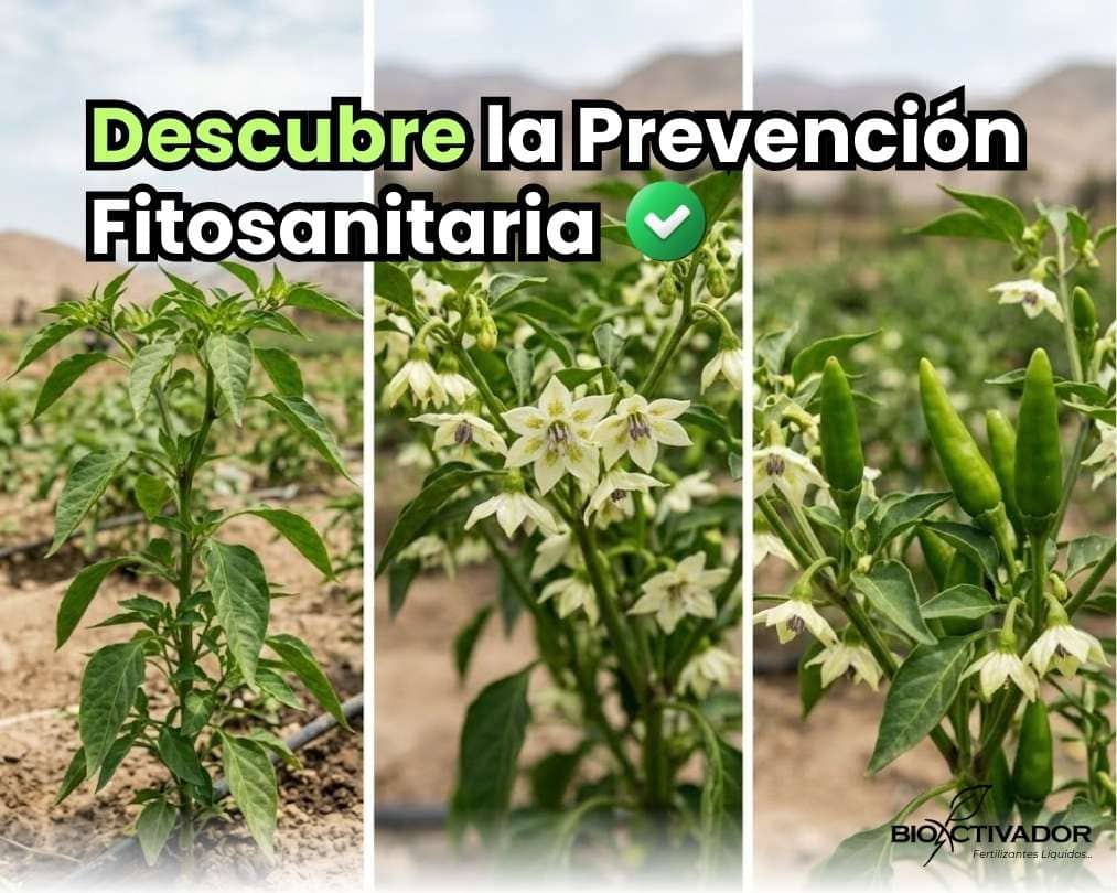 Portada de la guía sobre el calendario fitosanitario de prevención. Imagen dividida en tres etapas fenológicas de un cultivo de ají: desarrollo vegetativo, floración y cuajado de frutos. Incluye el texto Descubre la Prevención Fitosanitaria.