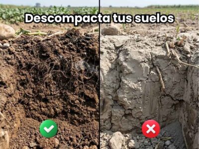 Portada de la guía agrícola sobre la recuperación de suelos: cómo descompactar terrenos degradados. Comparativa visual de un suelo oscuro, poroso y con desarrollo radicular sano frente a un perfil de suelo seco, duro y compactado.