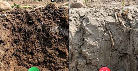 Portada de la guía agrícola sobre la recuperación de suelos: cómo descompactar terrenos degradados. Comparativa visual de un suelo oscuro, poroso y con desarrollo radicular sano frente a un perfil de suelo seco, duro y compactado.