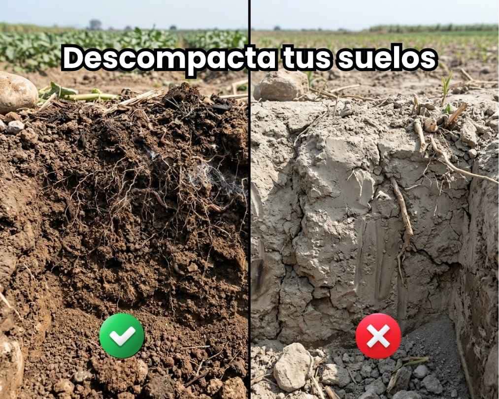 Portada de la guía agrícola sobre la recuperación de suelos: cómo descompactar terrenos degradados. Comparativa visual de un suelo oscuro, poroso y con desarrollo radicular sano frente a un perfil de suelo seco, duro y compactado.