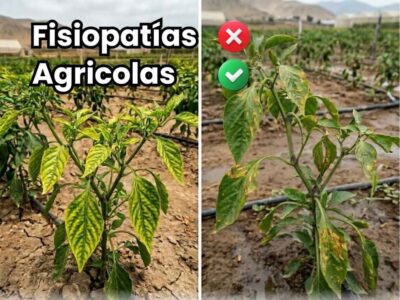 Portada de la guía agrícola sobre fisiopatías no patogénicas en plantas. Imagen comparativa de un tomate sano versus un tomate con pudrición apical (Blossom End Rot) marcada con una X roja. Texto: Guía y Soluciones, Diferencias vs Enfermedades, Causas Estrés Abiótico, Prevención Ca-Si, Bioactivador.