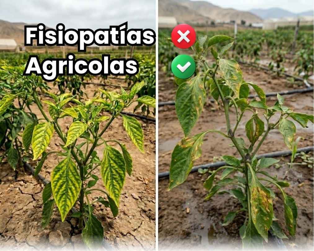 Portada de la guía agrícola sobre fisiopatías no patogénicas en plantas. Imagen comparativa de un tomate sano versus un tomate con pudrición apical (Blossom End Rot) marcada con una X roja. Texto: Guía y Soluciones, Diferencias vs Enfermedades, Causas Estrés Abiótico, Prevención Ca-Si, Bioactivador.