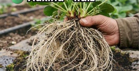 Portada de la guía sobre auxinas agrícolas. Mano de un agricultor sosteniendo una planta de fresa (frutilla) mostrando un sistema radicular masivo, denso y sano tras la aplicación de enraizante.
