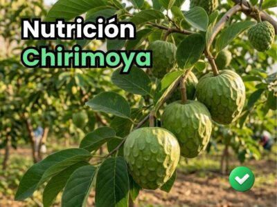 Portada de la guía de nutrición del cultivo de chirimoya. Muestra un racimo de frutos de chirimoya de gran calibre y follaje verde y sano, resultado de un plan de fertilización y amarre exitoso.