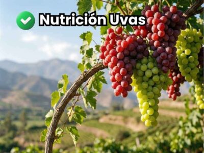 Portada de guía de nutrición mostrando racimos de uvas de mesa saludables y firmes en el viñedo gracias al uso de fertilizante para uvas.
