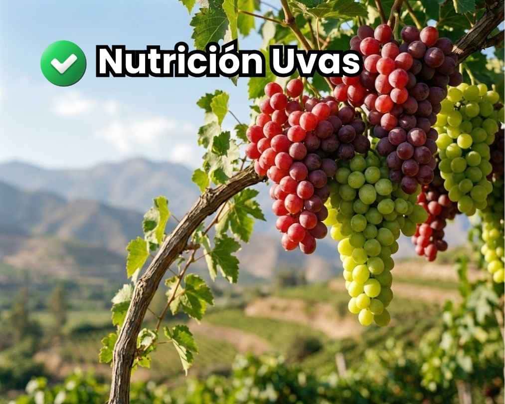 Portada de guía de nutrición mostrando racimos de uvas de mesa saludables y firmes en el viñedo gracias al uso de fertilizante para uvas.
