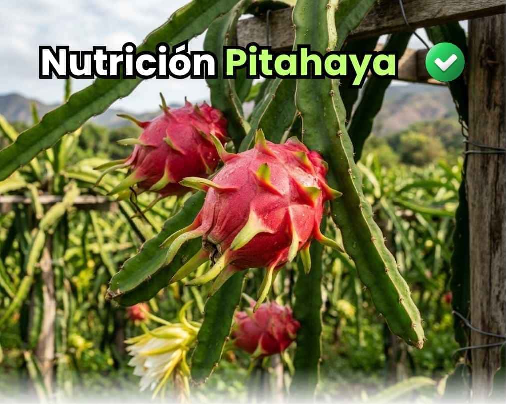 Infografía de portada que resume el plan nutricional completo para el cultivo de pitahaya de Bioactivador, detallando las etapas desde vivero, crecimiento vegetativo, inducción floral, floración, cuajado, engorde y maduración. Detalla el uso de nitrógeno, fósforo, potasio, calcio, boro y cobre sistémico para cada fase.
