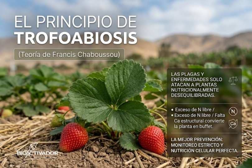 Infografía sobre el Principio de Trofobiosis de Chaboussou en cultivo de fresas. Explica que las plagas atacan plantas con desequilibrio nutricional (exceso de Nitrógeno y falta de Calcio).