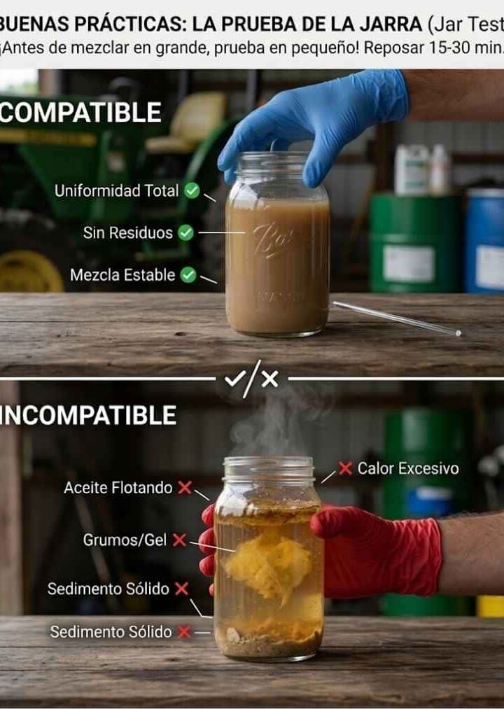 Jar Test: La Regla de Oro antes de Mezclar en Grande Demostración de la Prueba de la Jarra (Jar Test): Comparativa entre una mezcla compatible (uniforme, sin residuos) y una incompatible (grumos, calor, sedimentos).