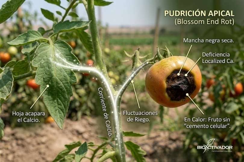 Tomate afectado por pudrición apical (Blossom End Rot) mostrando una mancha negra seca en la base, causada por deficiencia localizada de Calcio y fluctuaciones de riego.