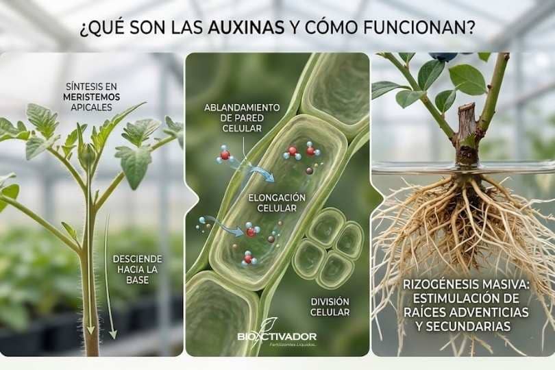 Infografía técnica sobre qué son las auxinas y su funcionamiento: síntesis en meristemos apicales, elongación de la pared celular y estimulación masiva de raíces adventicias y secundarias (rizogénesis).