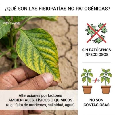 ¿Qué es una Fisiopatía Agrícola? (No es un Hongo) Infografía que explica qué son las fisiopatías no patogénicas en plantas, diferenciando el estrés abiótico de las enfermedades infecciosas por hongos o bacterias.