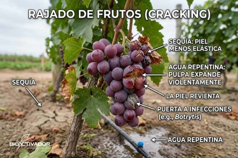 Racimo de uvas sufriendo rajado de frutos (cracking) debido a la expansión violenta de la pulpa tras un riego repentino posterior a una sequía.