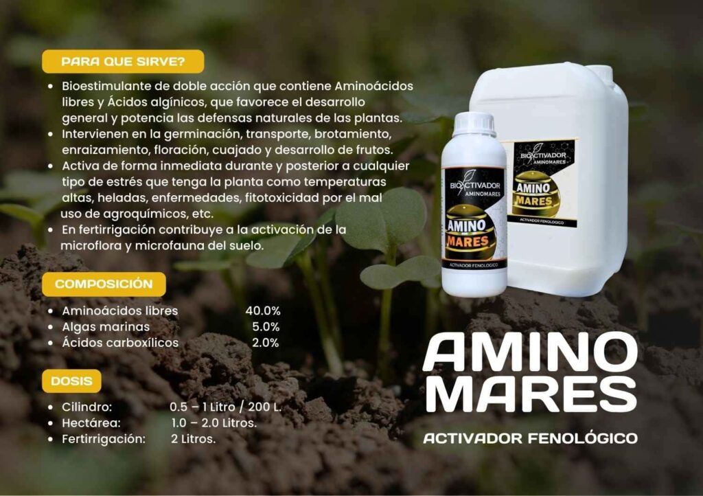 Ficha técnica del bioactivador Amino Mares: Bioestimulante a base de aminoácidos libres y algas marinas para la rápida recuperación del cultivo tras el estrés por ataque de arañita roja.