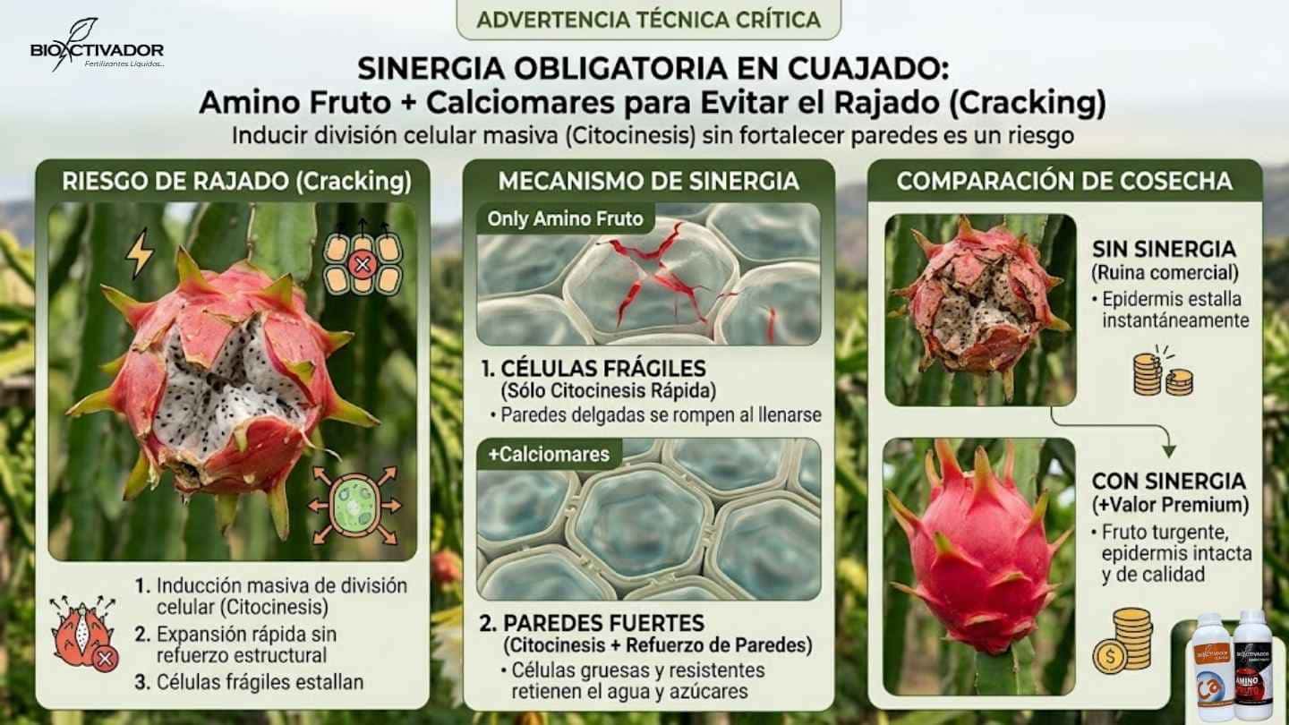 Advertencia técnica sobre el riesgo de rajado o cracking en frutos. Comparativa visual entre usar solo citoquininas (células frágiles que estallan) versus la sinergia con Calciomares (paredes fuertes y fruto premium intacto).