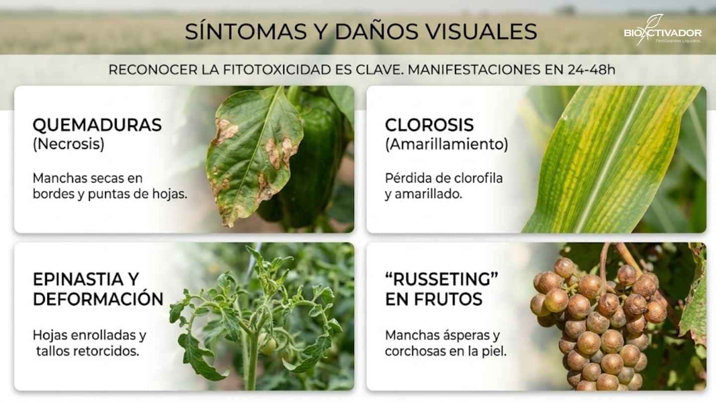 4 síntomas visuales de fitotoxicidad en plantas: necrosis (quemaduras secas), clorosis (amarillamiento), epinastia (tallos retorcidos) y russeting (manchas en frutos).