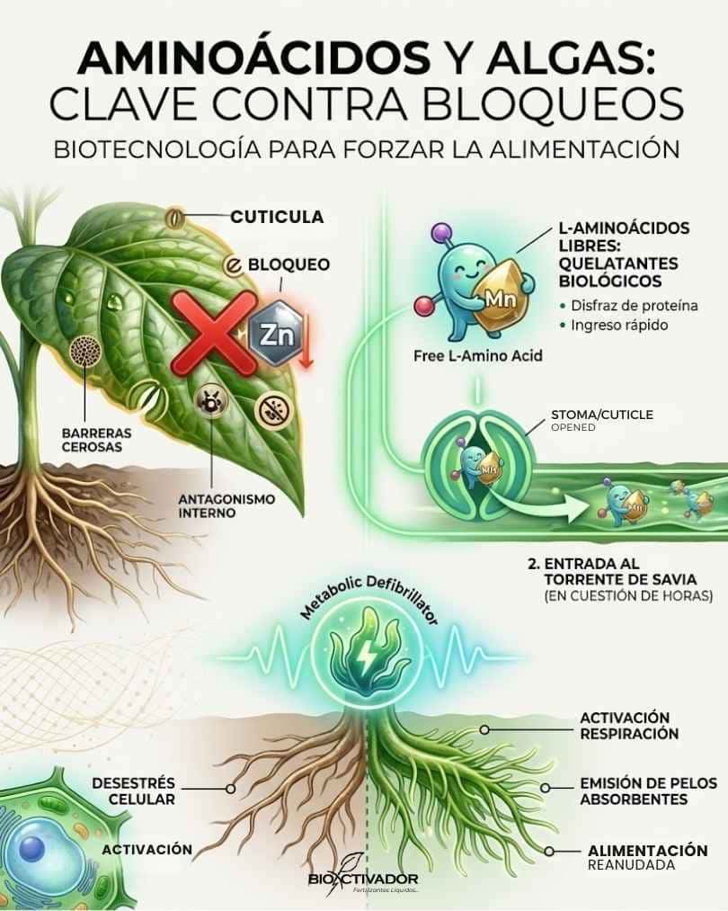Solución foliar al bloqueo de nutrientes utilizando tecnología de quelatación con L-aminoácidos libres para una absorción directa y rápida.