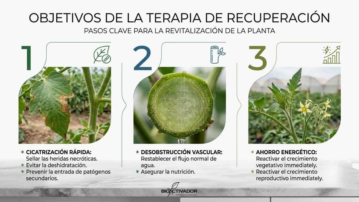 3 objetivos de la terapia de recuperación vegetal: cicatrización rápida de heridas necróticas, desobstrucción vascular y ahorro energético para reactivar el crecimiento.