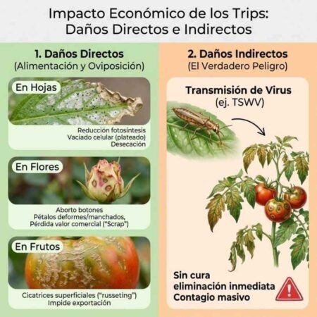Infografía de daños económicos por trips: Daños directos (manchas plateadas en hojas, aborto de flores, russeting en frutos) y daños indirectos (transmisión de Virus TSWV incurable).