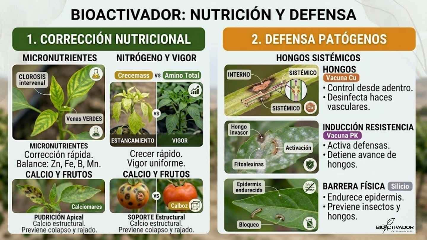 Catálogo de soluciones agrícolas Bioactivador mostrando correctores nutricionales para clorosis y pudrición apical, junto a inductores de resistencia y fungicidas sistémicos como Vacuna Cu y Vacuna PK contra patógenos.