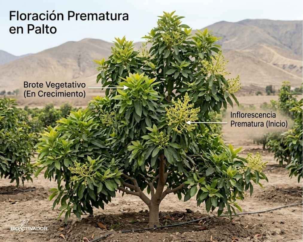 Fotografía de diagnóstico en campo de un árbol de palto (aguacate) joven. Se señalan con flechas dos estructuras distintas para comparar: a la izquierda, un brote vegetativo normal en crecimiento; a la derecha, una inflorescencia o floración prematura en su fase inicial. Imagen de Bioactivador.