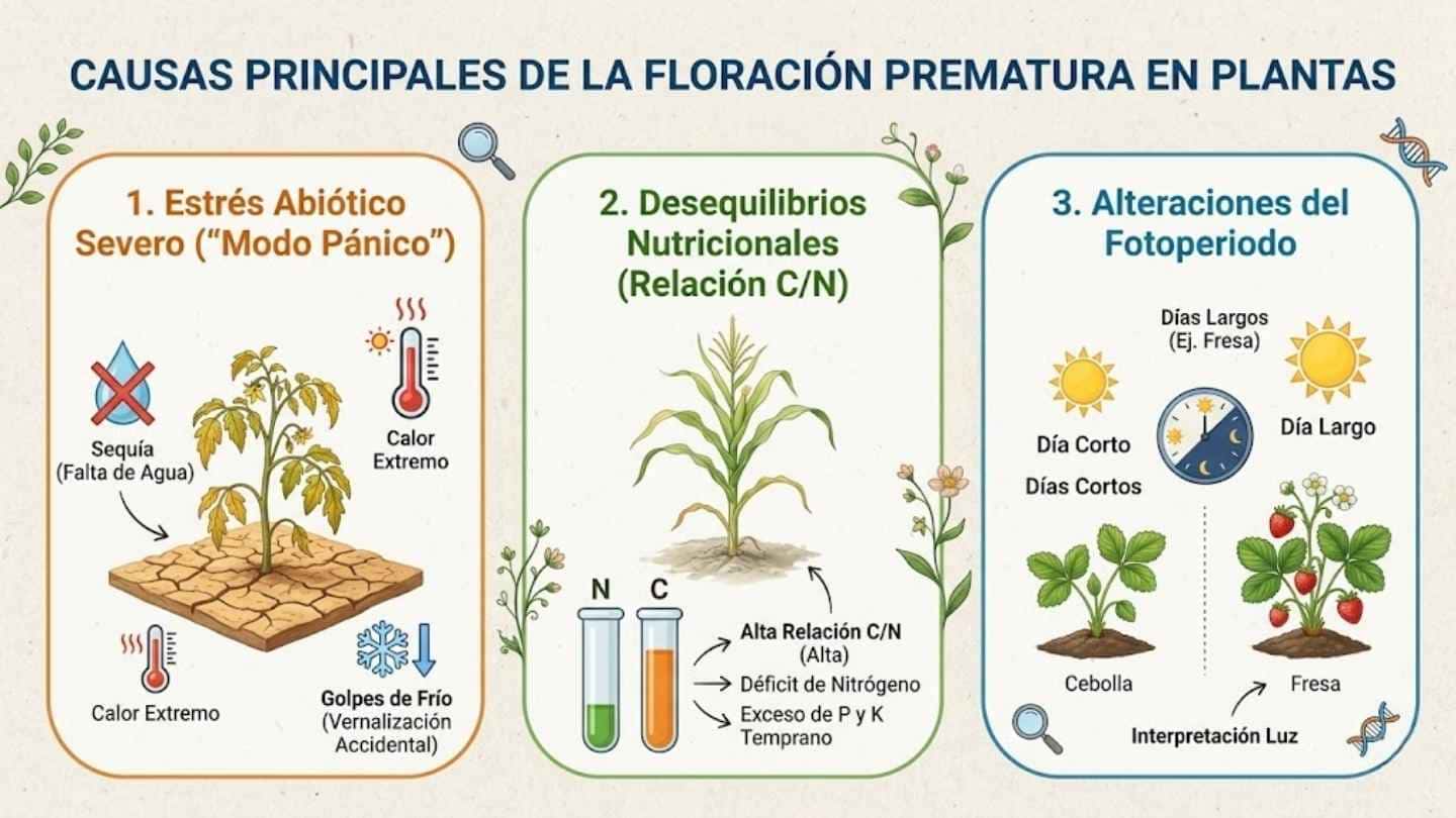 Infografía didáctica que detalla las tres causas principales de la floración prematura en plantas. 1) Estrés abiótico severo (sequía, calor, frío). 2) Desequilibrios nutricionales con alta relación Carbono-Nitrógeno (C/N), déficit de Nitrógeno, exceso de P y K temprano. 3) Alteraciones del fotoperiodo, afectando a cultivos como fresa (día largo) y cebolla (día corto). Título: 'CAUSAS PRINCIPALES DE LA FLORACIÓN PREMATURA EN PLANTAS'