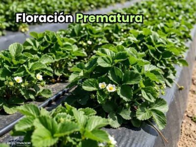 Campo de cultivo de fresas jóvenes mostrando síntomas de floración prematura con múltiples flores blancas abiertas. En la esquina superior izquierda, se observa el texto grande 'Floración Prematura' y en la inferior, el logo de BIOACTIVADOR ZINC, Fertilizantes Líquidos.