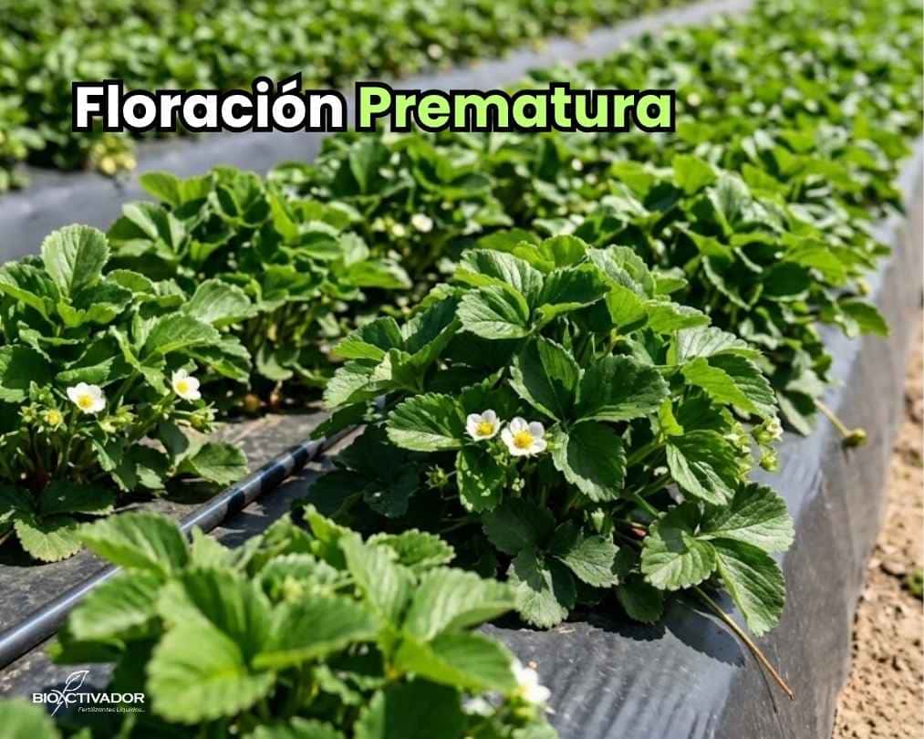 Campo de cultivo de fresas jóvenes mostrando síntomas de floración prematura con múltiples flores blancas abiertas. En la esquina superior izquierda, se observa el texto grande 'Floración Prematura' y en la inferior, el logo de BIOACTIVADOR ZINC, Fertilizantes Líquidos.