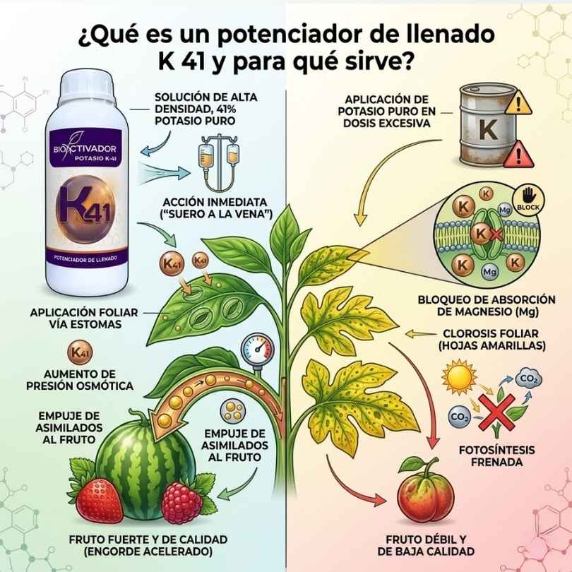 Infografía explicativa del Potasio K-41 de Bioactivador actuando como potenciador de llenado sin generar bloqueo de magnesio ni clorosis foliar en los cultivos.