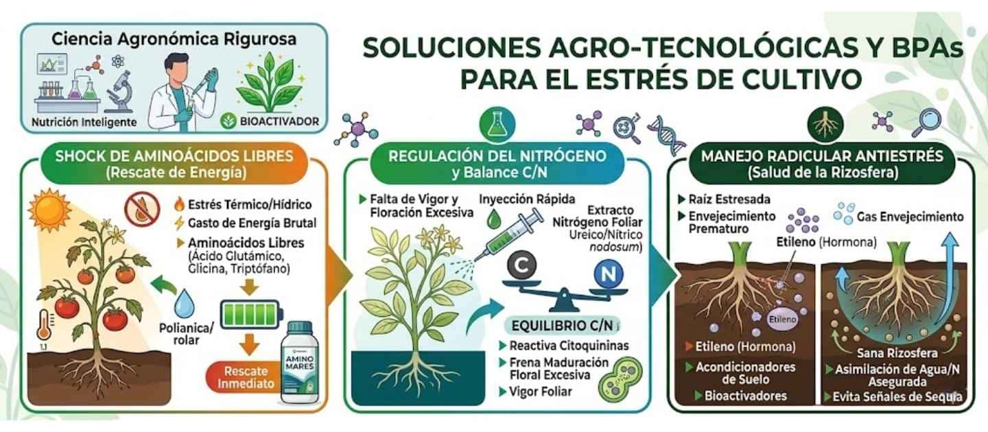 Infografía sobre soluciones agro-tecnológicas y BPAs para el estrés de cultivo y control de la floración prematura. Detalla 3 pilares: 1) Shock de aminoácidos libres (producto Amino Mares) para el rescate de energía ante estrés térmico. 2) Regulación del nitrógeno y balance C/N para frenar la maduración y floración prematura, reactivando citoquininas. 3) Manejo radicular antiestrés para controlar la hormona etileno y mantener una rizosfera sana.